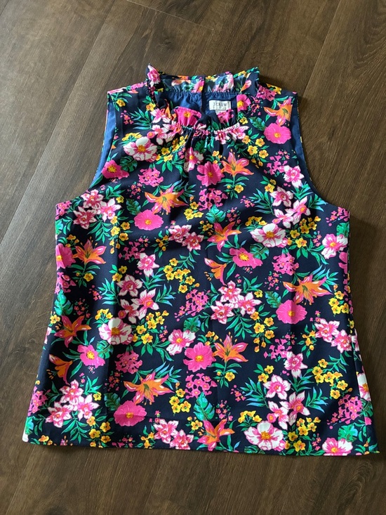J. Crew Tops - J. Crew Navy Floral Sleeveless Ruffle Neck Blouse